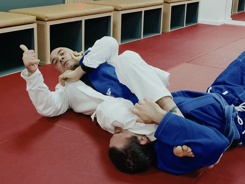 Two instructors demonstrating Meiji Jiu-Jitsu at the Temple Fortunr Dojo,London