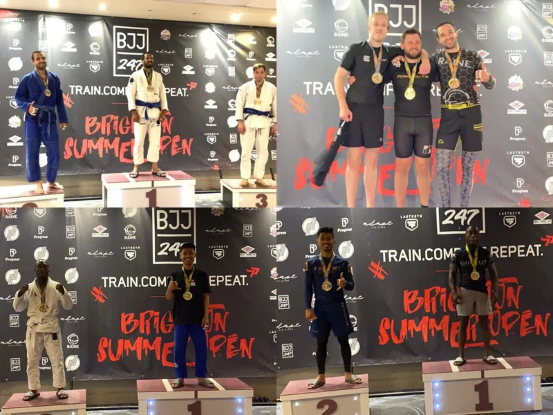 Montage of the Meiji Martial Arts Jiu Jitsu team on podiums