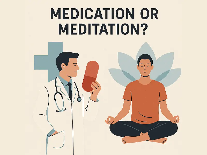 Graphic of a doctor holding a pill and a man meditating
