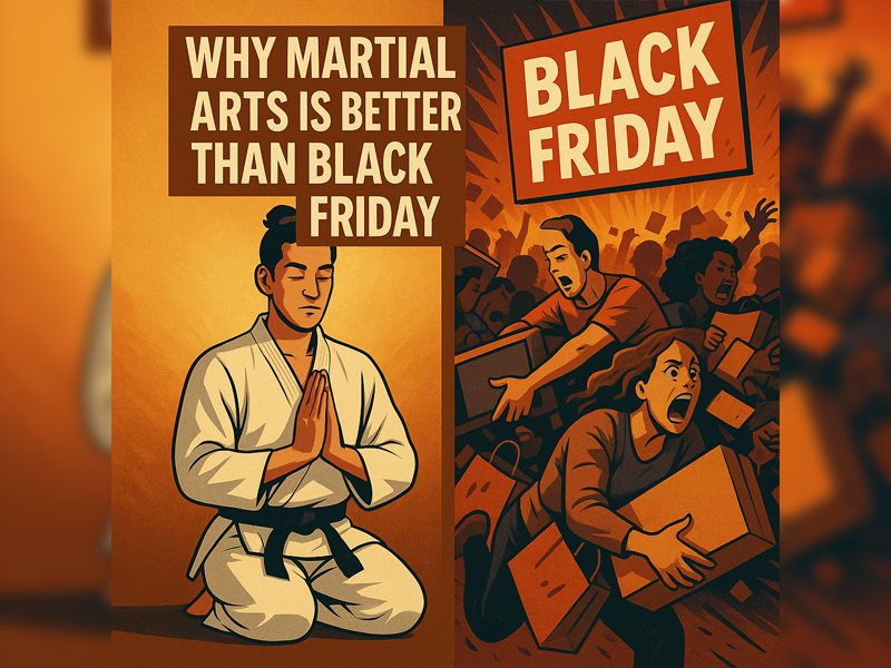 Image of a calm martial artist next to manic shoppers